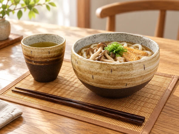 美濃燒碗盛載烏冬，配搭茶杯與竹餐墊的午餐場景
