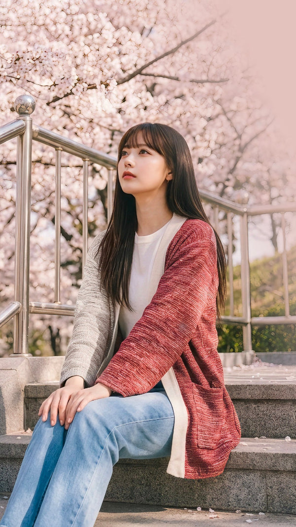 A young woman sits on stone steps, looking thoughtfully up, wearing a hand-cranked woven kimono jacket in 'Tokyo Tower' red and grey at Grandmama Store in Hong Kong. Behind her are blooming pink cherry blossom trees.