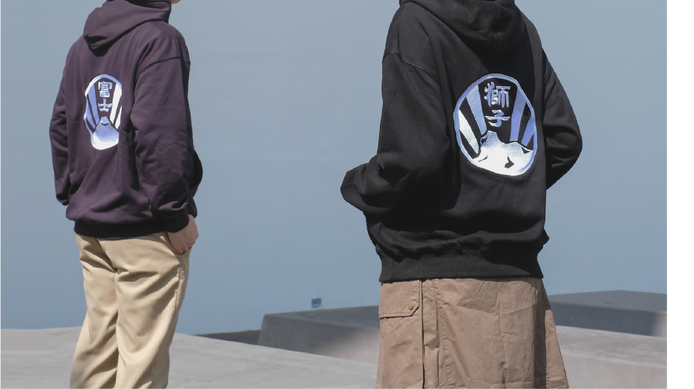 two-models-back-view-wearing-lion-rock-and-mt-fuji-kamon-hoodies-Kamon-Hoodie-Hong-Kong-Kwun-Tong-Grandmama-store
