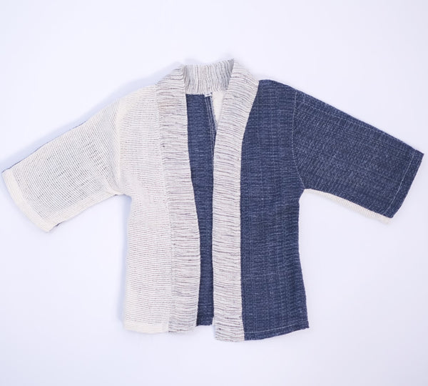 Front flat lay view of the Hand-cranked Kids Kimono jacket in Mt. Fuji blue at Grandmama Store in Hong Kong.